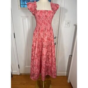 Hill House Home The Ellie Nap Dress Pink Red Floral Smocked Midi Ruffle Sleeve M